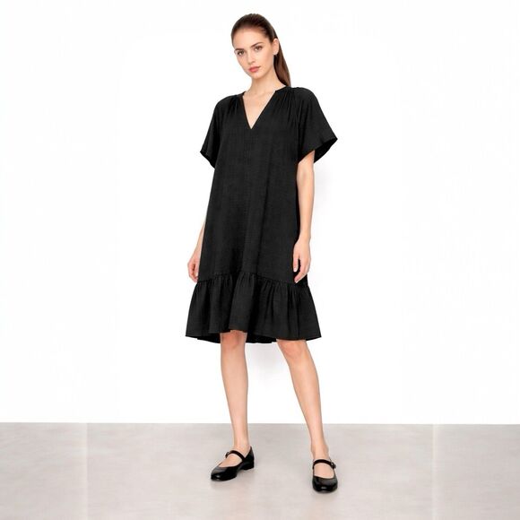 Brochu Walker Seda Flutter Sleeve Dress M Black Oversized Preppy Casual Shift - Picture 2 of 11